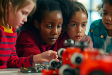 Elementary school coding: Teacher demonstrating mechanical robot programming to engaged young students during classroom STEM activity