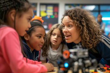 Elementary school coding: Teacher demonstrating mechanical robot programming to engaged young students during classroom STEM activity