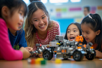 Elementary school coding: Teacher demonstrating mechanical robot programming to engaged young...