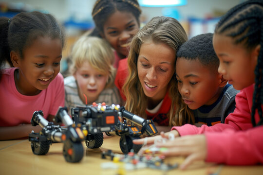 Elementary school coding: Teacher demonstrating mechanical robot programming to engaged young students during classroom STEM activity
