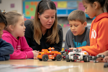 Elementary school coding: Teacher demonstrating mechanical robot programming to engaged young students during classroom STEM activity