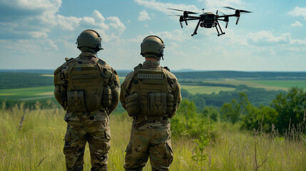 Two soldiers with their backs to the camera launch a full-size military combat drone into flight, ready for a critical mission