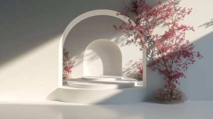 Arch of Serenity Product Placement Composition. Blossoming Pink Flowers, Modern White Architectural Structure with Graceful Curves and Soft Sunlight Casting Dynamic Shadows. AI Generative.