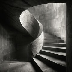 Artistic Spiral Staircase in Monochrome, a monochromatic image showcasing an artistic and spiral staircase, playing with light and shadow for a dramatic effect.