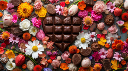 Valentines Day background with heart shaped  chocolates and red roses and flowers. 