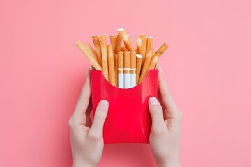 Hand making a gesture with finger, thumb magenta nail holding a red box of French fries, cigarettes - obrazy, fototapety, plakaty
