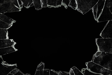 Cracked Pieces Broken Glass Hole on Black Background