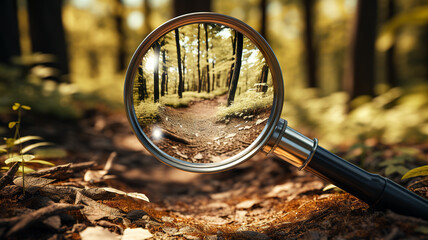 A magnifying glass in a forest setting focuses on a path, symbolizing detailed examination and discovery in nature. Hiking concept. AI generated.