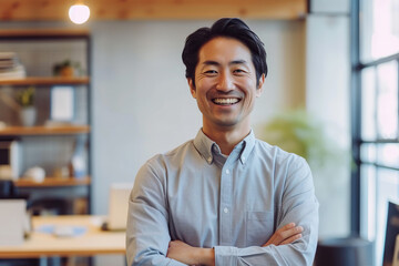 Obraz premium Confident Japanese professional in office environment smiling at camera