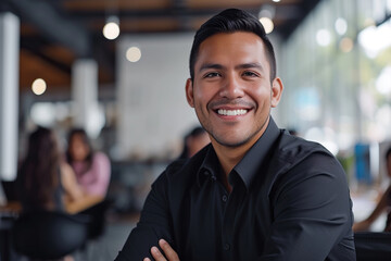 Fototapeta premium Confident Latin professional in office environment smiling at camera