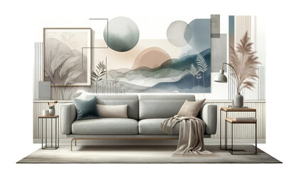 A modern and cozy living room interior with a neutral color palette, featuring a comfortable sofa, stylish decor, and a serene wall mural.Modern home concept. AI generated.