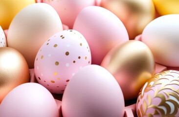 Fototapeta na wymiar Easter eggs in light pink and gold tones on a blue background..