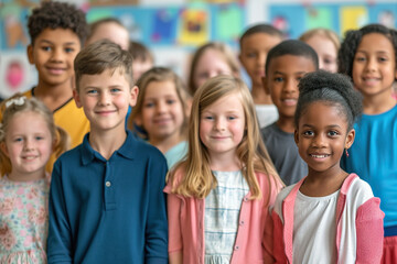 Group of elementary school students standing together in a classroom