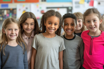 Group of elementary school students standing together in a classroom - obrazy, fototapety, plakaty