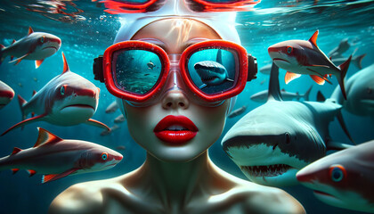 Surreal underwater scene with a woman wearing red goggles surrounded by various fish, including a close-up shark.Portrait concept. AI generated.