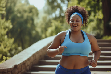 Happy smiling overweight African American woman jogging in park in summer. Portrait of cheerful beautiful fat plump chubby stout young lady in blue sports bra and sweatband running down stone steps - obrazy, fototapety, plakaty