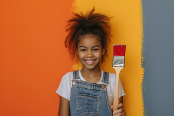 Happy young African American girl confidently holding a painting brush during home renovation - Powered by Adobe