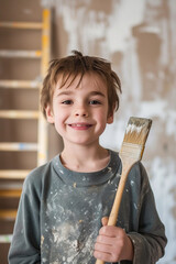 Happy young boy confidently holding a painting brush during home renovation