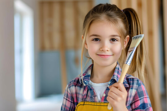 Happy young girl confidently holding a painting brush during home renovation