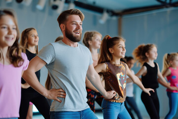 Male friendly choreographer helping his students girls in doing dance exercises in studio. Happy kids doing dance workout. Children training in choreography class, learning modern dances.