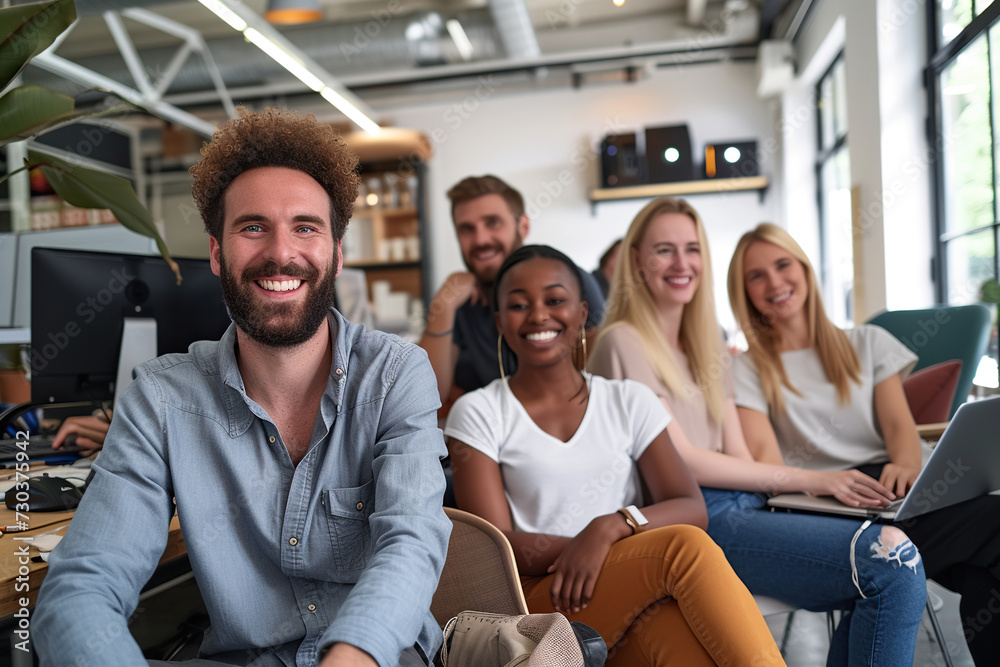 Wall mural Successful business team smiling and sitting together in a startup office