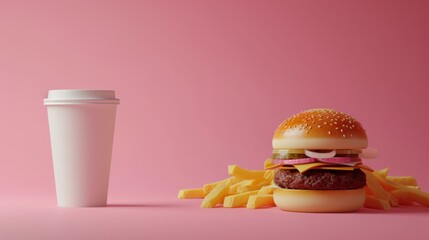 A hamburger and fries next to a cup of coffee