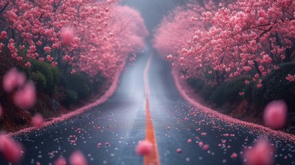 A road lined with lots of pink flowers