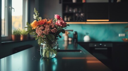 A vase of flowers sitting on a kitchen counter © Maria Starus