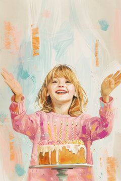 A painting of a little girl holding a cake