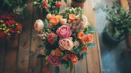 A bouquet of flowers sitting on top of a wooden table