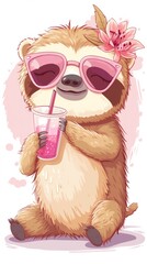 Fototapeta premium A slotty sloth with sunglasses and a drink