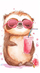 Fototapeta premium A cartoon sloth with sunglasses and a drink