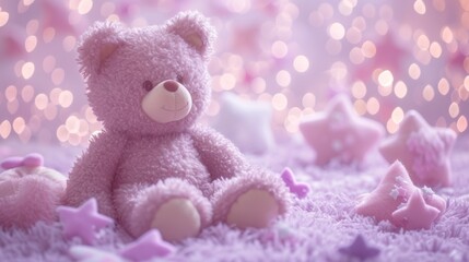 A teddy bear sitting on top of a purple blanket