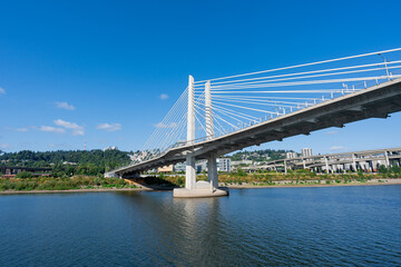 A wide-angle photo of the Tilikum Crossing Bridge as viewed from the Willamette River.