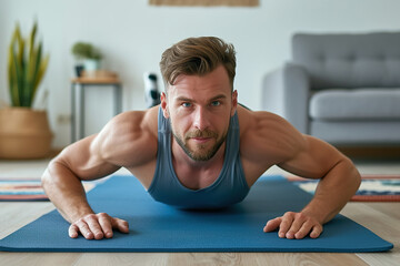 Fototapeta premium Young attractive sporty man doing push-up or plank sport exercises lying on yoga mat on the floor in the living room at home. Fitness, workout and home training concept