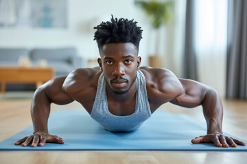 Fototapeta premium Young attractive sporty African American man doing push-up or plank sport exercises lying on yoga mat on the floor in the living room at home.
