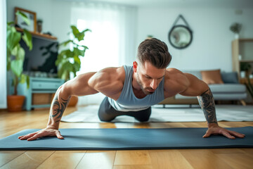 Fototapeta premium Young attractive sporty man doing push-up or plank sport exercises lying on yoga mat on the floor in the living room at home. Fitness, workout and home training concept