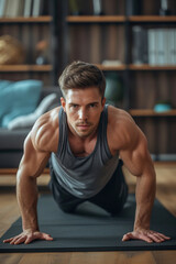 Fototapeta na wymiar Young attractive sporty man doing push-up or plank sport exercises lying on yoga mat on the floor in the living room at home. Fitness, workout and home training concept