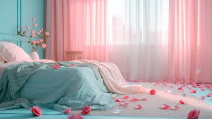 A bedroom with a bed covered in blue sheets and pink flowers