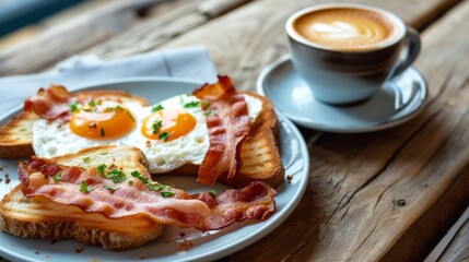 A plate of bacon and eggs on toast with a cup of coffee