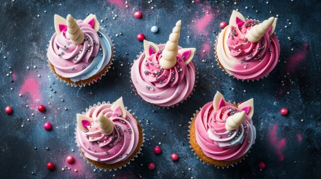 A group of cupcakes with pink frosting and unicorn ears