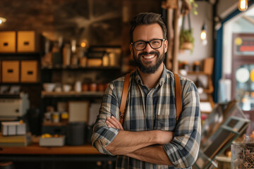 Fototapeta na wymiar Small business owner testimonial, Young person on casual wear in a creative coffee shop, young man standing with his arms crossed, Portrait of a cozy cafe owner smiling and happily standing