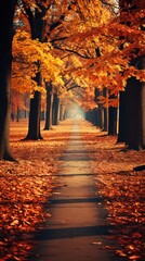 Golden autumn leaves lining a park path under a canopy of trees