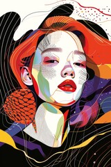 Cool pop art illustration portrait of a woman. Bright colors and geometric shapes with beautiful model. Art deco drawing.