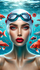 A surreal portrait of a woman submerged in water wearing swimming goggles, surrounded by red fish and water bubbles.Portrait concept. AI generated.