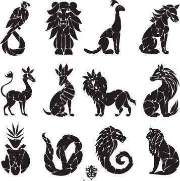 Black silhouette Geometric abstract animals set