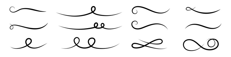 Underline text. Hand drawn collection of curly swishes, swashes, swoops. Calligraphy swirl. Highlight text elements.