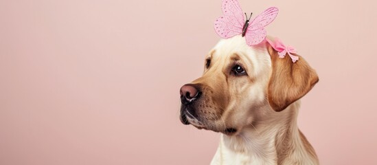 Labrador retriever dog wearing a pink butterfly headband, looking sideways and adorable.