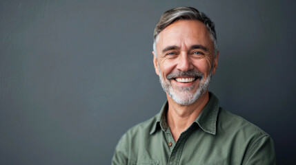 Confident mature man smiling against gray background. Modern masculinity and confidence.