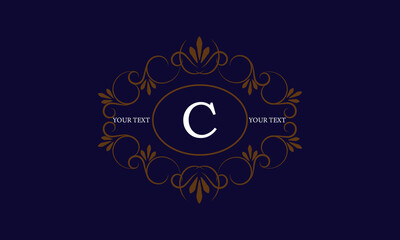 Logo template with monogram element and letter C in the center. Sophisticated ornament for restaurant, club, boutique, cafe, hotel cards. Vector illustration